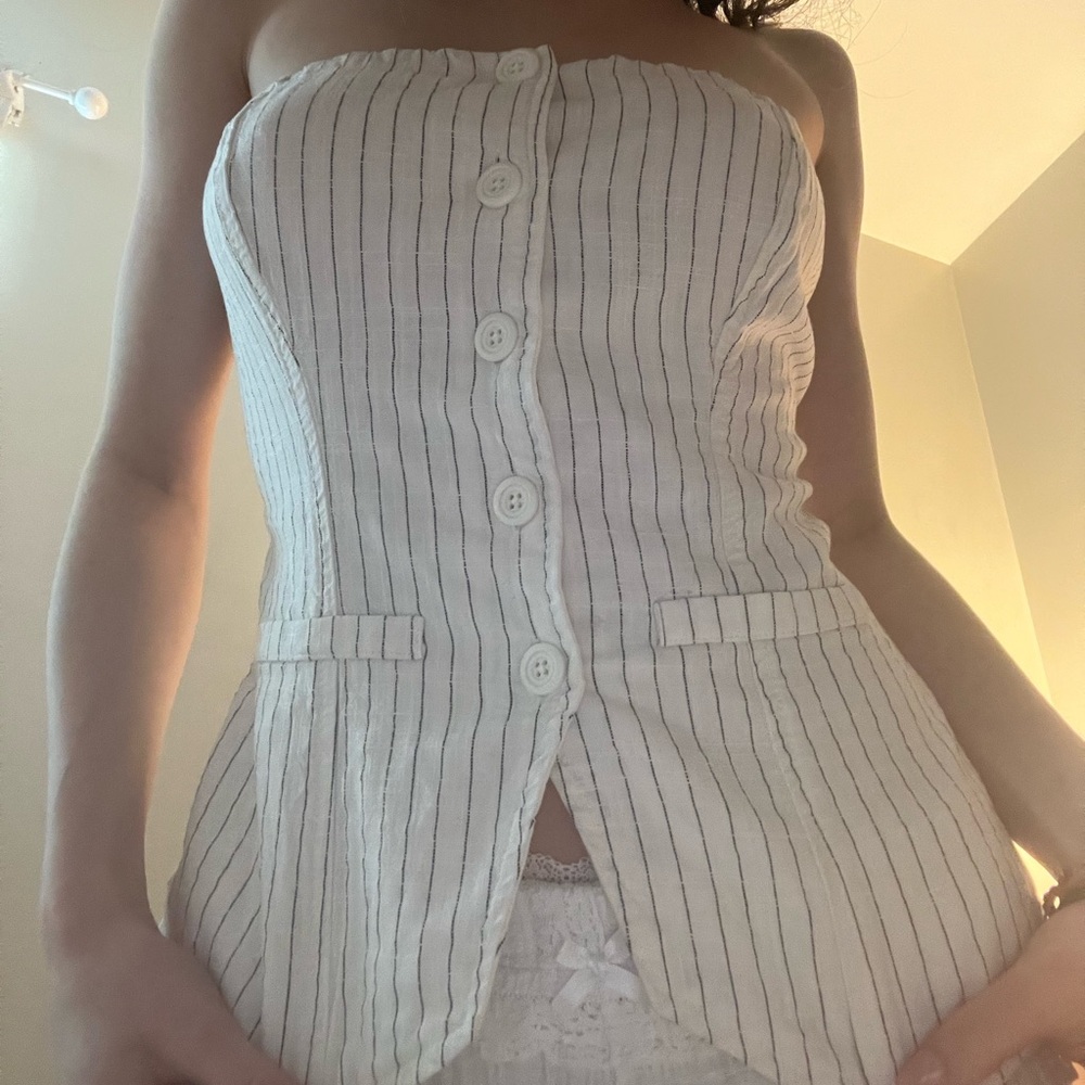Striped Strapless Button-Up Top